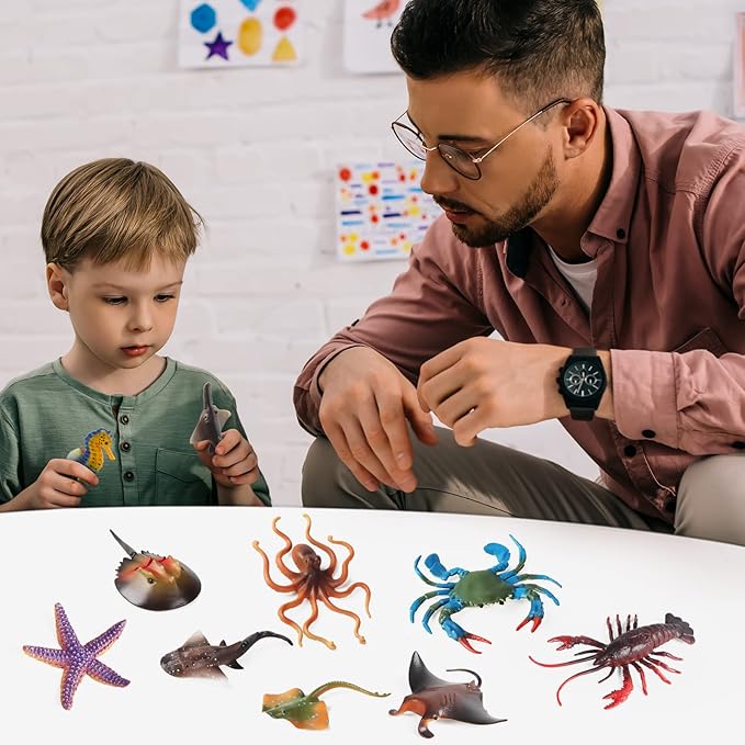 10Pcs Ocean Animals Toys Figures, Large Plastic Sea Creature Figurines Seahorse Starfish Crab Lobster Octopus Devilfish Rays Shark for Kids Educational Birthday Party Favors Cake Decoration Bath Toy