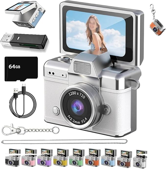 Thumb-Sized Flip Screen Mini Camera, Mini Keychain Digital Camera, Flip Screen Mini Camera with Built-in Flash & Flip Display, 64GB Memory, Portable Keychain Camera for Travel & Daily Use (1, White)