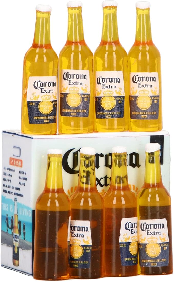 HilBeliFU 8Pcs Mini Beer Bottles, 1:12 Vivid Details Miniature Beer Bottle with Box, Beer Bottle Model, Plastic Beers Bottles Prop for Home Decoration, DIY Crafts, 1.5x0.4in