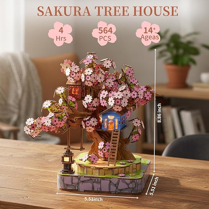 Sakura Tree House DIY Miniature Kit, 3D Wooden Puzzle Japanese Cherry Blossom Model, Bonsai Craft Building Set for Adults,Craft Kits for Adults,Unique Home Decor Gift for Family & Friends