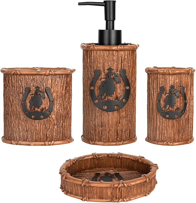 Bathroom Accessory Sets 4PCS Bathroom Accessories Set Complete Western Rustic Horseshoes Decoration Includes Lotion Dispenser Toothbrush Holder Tumbler Cup & Soal Dish