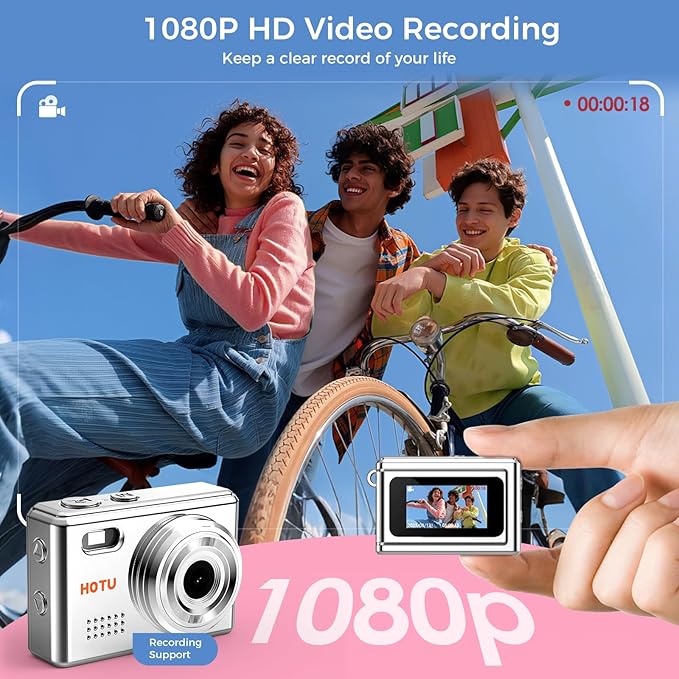 HOTU Mini Keychain Digital Camera, Y2K Pocket-Size Mini Camera, 2MP 1080P SmallCamera with 32GB Card, Video Recorder with Long Battery Life for Travel, Party and Vlog (Silver)