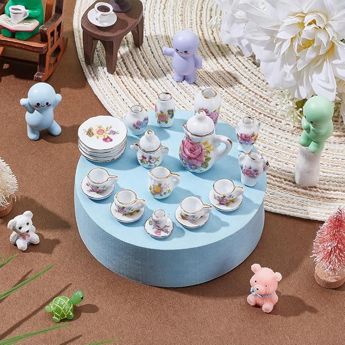 PLIGREAT 22 Pcs Miniature Dollhouse Porcelain Set, Mini Printed Ceramics Vase Plates Small Flower Pattern Teapot Cup for Dollhouse Furniture Accessories Home Decor