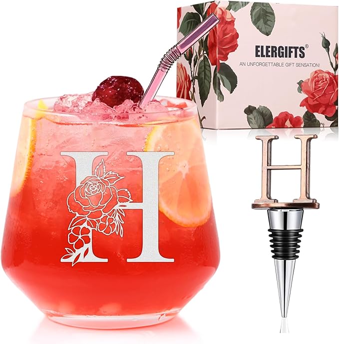 Personalized Gifts for Women, Monogrammed A-Z Wine Glass Customized Gift, Unique Christmas Birthday Gifts for Women Her Mom Friend Sister Wife Daughter Nurse - Dishwasher Safe (H)