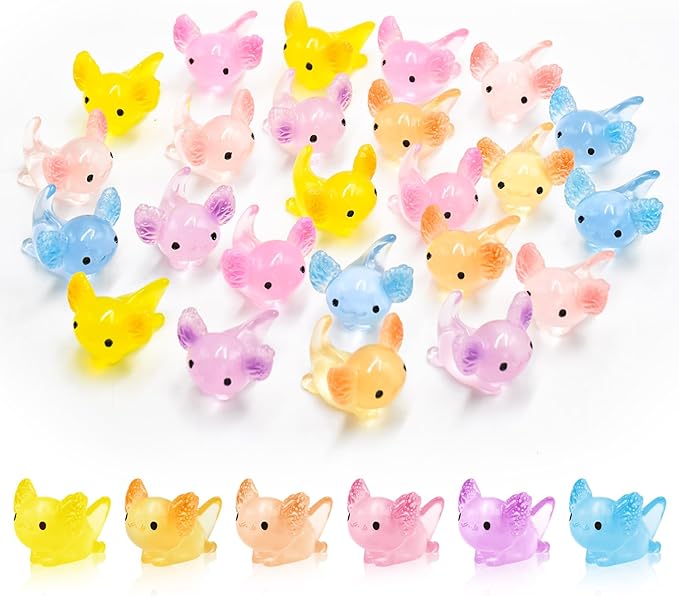 24 PCS Luminous Mini Axolotl for Crafts Dollhouse Fairy Garden Decor Miniature Figurines Resin Animal for Car Tiny Resin Animals for Micro Landscape Plant Pots
