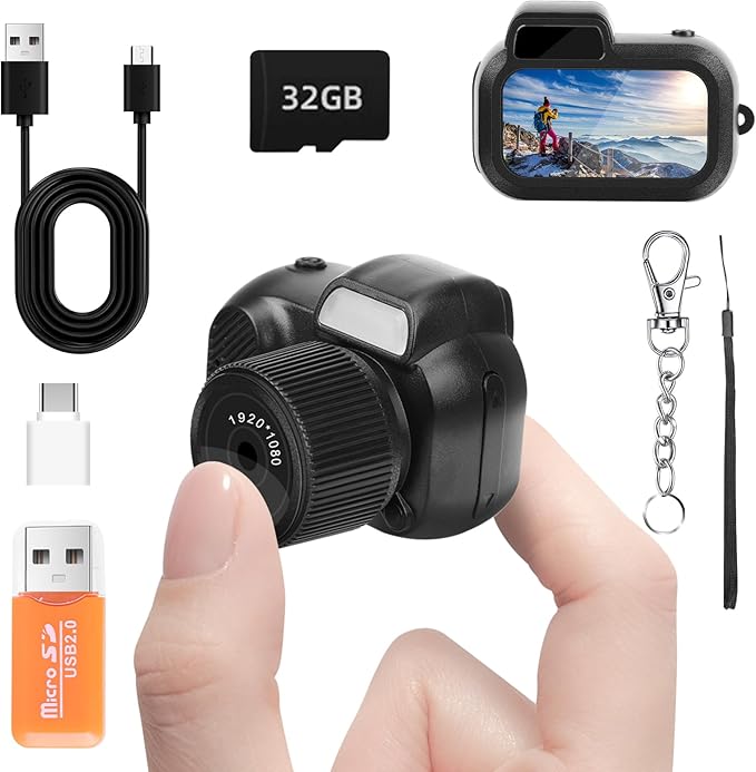 Mini Keychain Camera, FHD 1080p 8MP Mini Digital Camera with 32GB SD Card, 0.96" HD Display, 100 Mins Battery Life for Travel Recording Birthday Gifts (Retro, Black)