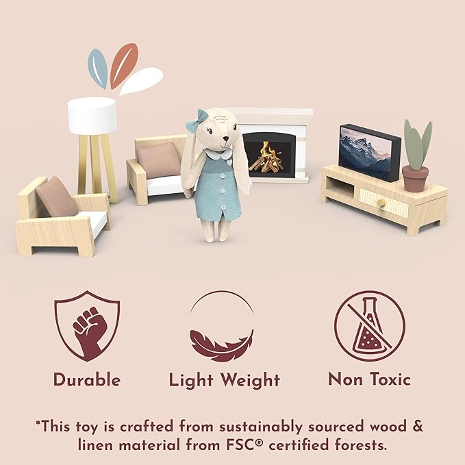 SPEEDY MONKEY Cozy Dollhouse Living Room Playset with Bunny – Miniature FSC Wooden Furniture Sofa, TV – Pretend Play Fully Furnished Farmhouse Accessories for Kid, Toddler, Girl – Doll House Decor Toy