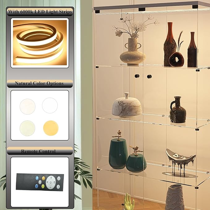Display Cabinet with Glass Doors, 4-Tier Curio Cabinet with LED Lights for Collectibles (2700K-6000K), Glass Display Case with Remote Control