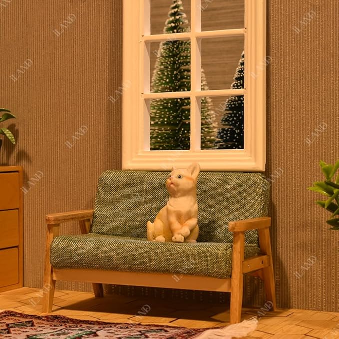 iland Dollhouse Couch and Miniature Sofa Set with Mini Houndstooth Cushions, Dollhouse Furniture on 1/12 Scale for Dollhouse Living Room (Grey Green)
