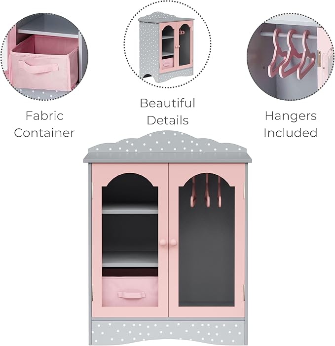 Olivia's Little World Polka Dot Princess Wooden Shaker-Style Double Closet for 18" Doll Wardrobes with Windowed Doors, Three Shelves, Hanging Space with Hangers, Gray/Pink