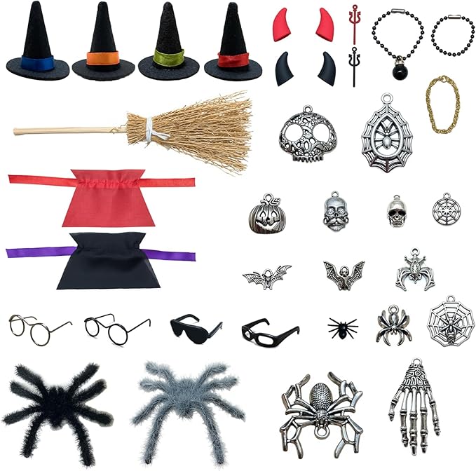 ZJXRMY Rubber Duck Accessories 34PCS - Halloween Scary Decorations for Rubber Duck - Wizard's Hat Cape Flying Broom Spiders DIY Accessories for Rubber Duck