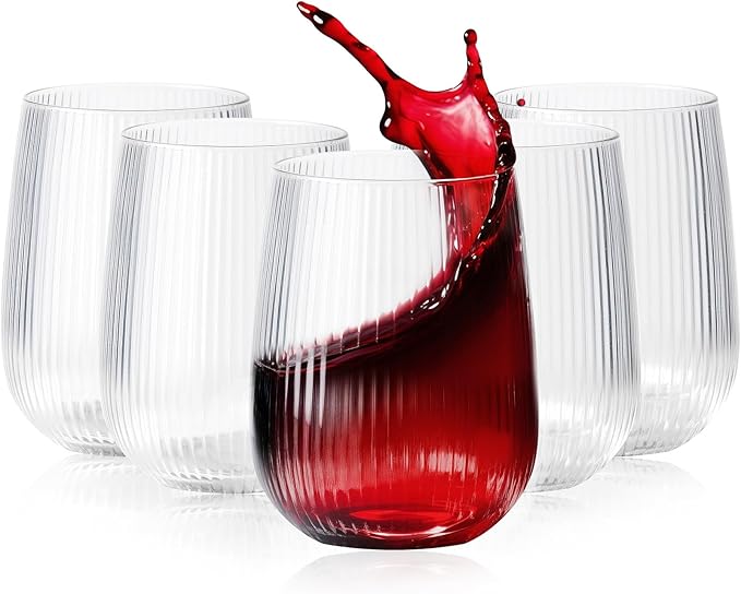 Lueumxc 36 Pack Plastic Ribbed Wine Glasses, 15Oz Origami Disposable Wine Glasses Unbreakable Clear Plastic Cocktail Glasses Recyclable Shatterproof Reusable Wine Cups