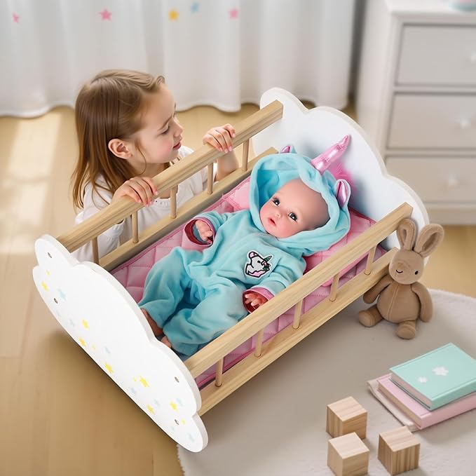 BABESIDE Wooden Baby Dolls Bed for 12-16 Inches Doll, Rocking Babys Doll Crib, Sleep Bed, Baby Dolls Accessories Furniture fit Newborn Dolls Boys Girls