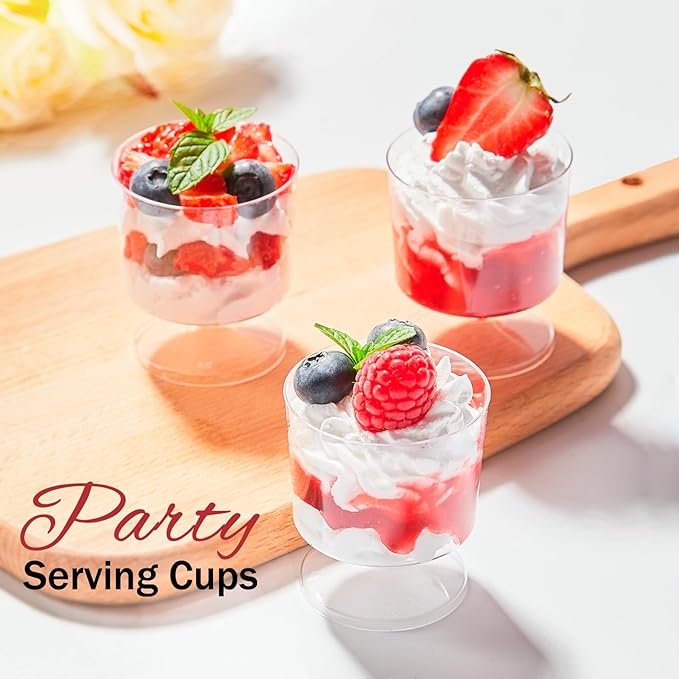 Zezzxu 2 oz Mini Dessert Cups with Spoons, 100 Pack Disposable Appetizer Cup Mousse Cups Small Plastic Wine Glasses for Serving Individual Pudding Shots, Cocktail, Trifle