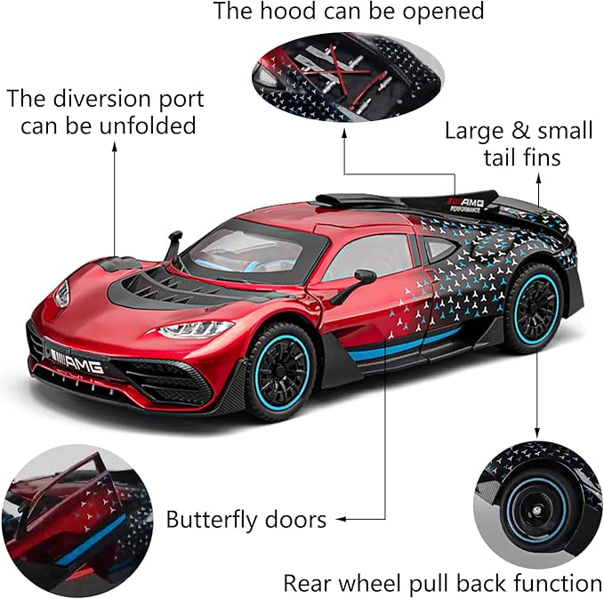 Toy Car Model 1/24 Red AMG ONE Alloy Collectible Vehicle Pull Back Die-Cast with Lights and Sound