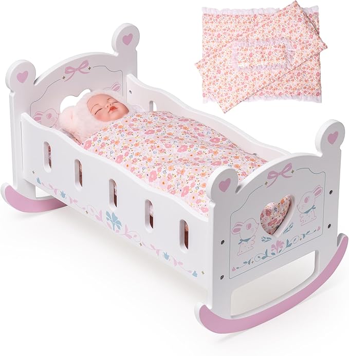 ROBOTIME Baby Doll Crib, Doll Bed for 18–24 Inch Dolls, Wooden Doll Cradle with Mattress, Pillow & Quilt, Pretend Play Doll Furniture Gift for Girls & Boys Ages 3+