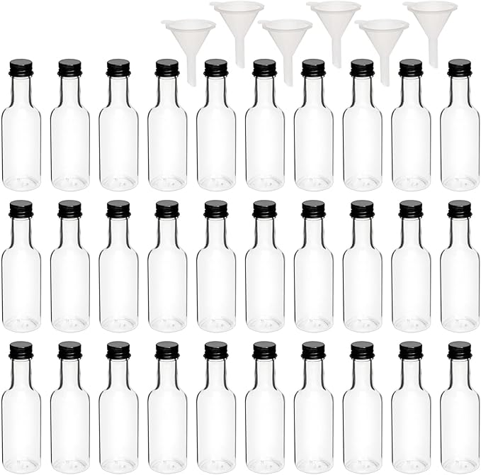 Stockroom Plus 30 Pack Mini Shot Bottles with Caps & Funnels - 50 mL Clear PET - Sample Wine Bottles & Plastic Liquor Containers - Adult Party Favor Pack