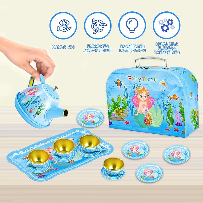 Mermaid Tea Party Set for Little Girls Ages 3-6, 15-Piece Pretend Play Kitchen Toys with Teapot, Cups, Plates & Storage Case, Princess Gift Set (Blue)