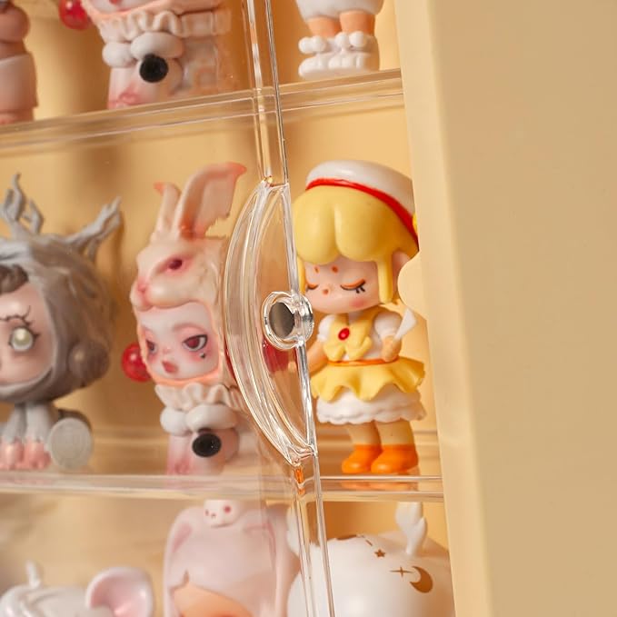 Clear Display Case for Figures, Wall Mounted Clear Display Box, 3 Tiers Adjustable Acrylic Display Box Stand with Magnetic Door for Mini Action Figures Pop Mart Collectibles, Yellow