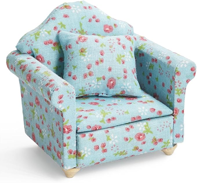 Odoria Dollhouse Armchair Miniature Sofa: 1/12 Scale Accent Club Chair with Pillow Country Rustic for Living Room Office Reading - Mini Lounge Seat Upholstered Wood Furniture Floral Blue
