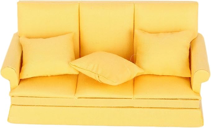 Dollhouse Furniture 1 12 Scale Couch Doll House Mini Sofa with 3Pcs Pillow Living Room Furniture Wooden Doll House Decoration Accessories Dolls House Living Room (Yellow)