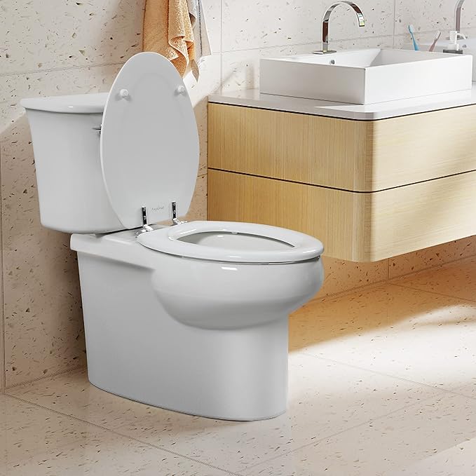 Elongated White Toilet Seat Natural Wood Toilet Seat with Zinc Alloy Hinges, Easy to Install also Easy to Clean, Scratch Resistant by Angol Shiold (Elongated, White)