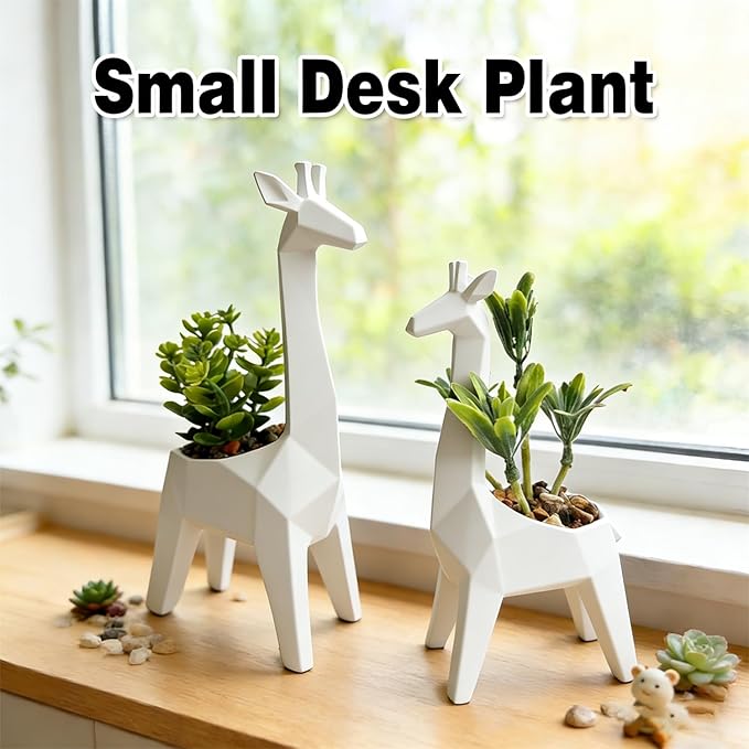 Ordbuum 2PCS White Mini Succulents Plants Artificial with Giraffe Shaped Pots,Small Indoor Fakeplants for Shelves and Bathroom, Cute Desk Plants for Office