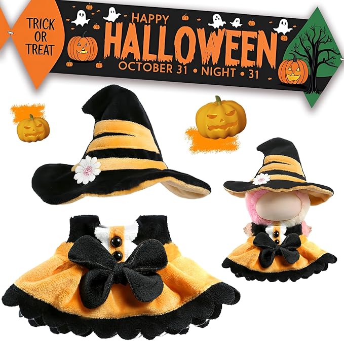 Clothes for LABUBU Doll (NO Doll), 2-Piece Sweetheart Witch Accessories for LABUBU 17cm Dolls, Premium Fashion Outfit for LABUBU Unique Dress Up - Witch Hat + Dress