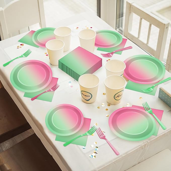 96Pcs Witch Birthday Party Decorations Gradient Pink and Green Tableware Witch Theme Paper Plates Napkins Forks Movie Dinnerware Party Supplies for Women Girls Birthday Baby Shower Serves 24 Guests