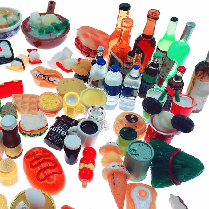 Miniature Food Drinks Toys 110pcs Mixed Resin Pizza Hamburgers French Fries Wine Decoration Tableware Doll house for Adults Childrens Pretend Play Kitchen Cooking Game Birthday Party Present