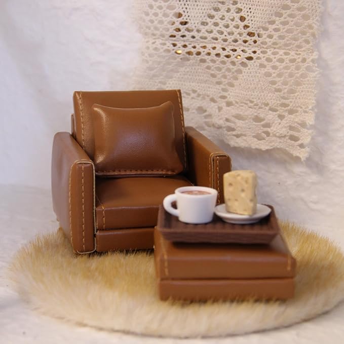 Funky Mini House Miniature Dollhouse Leather Sofa Set, 1:12 Scale Single Couch with Footstool & Pillow for Living Room Gift for Dollhouse Enthusiasts, Collectors & DIY Craft Lovers (Brown)