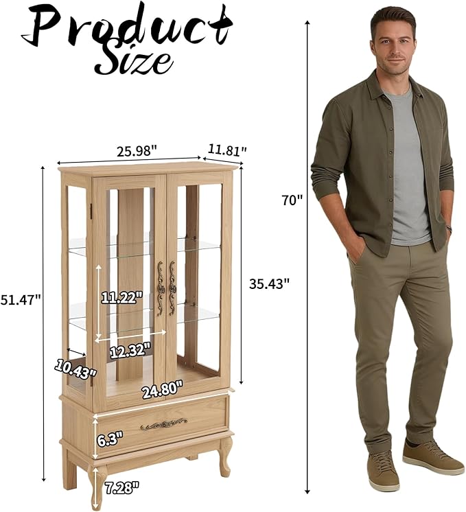 51" H Lighted Curio Display Cabinet with 2 Doors & 1 Drawer, Wooden Glass Curio Showcase w/Adjustable Shelves & Mirrored Back Panel, Storage Cabinet Display Case for Living Room (Light Oak)