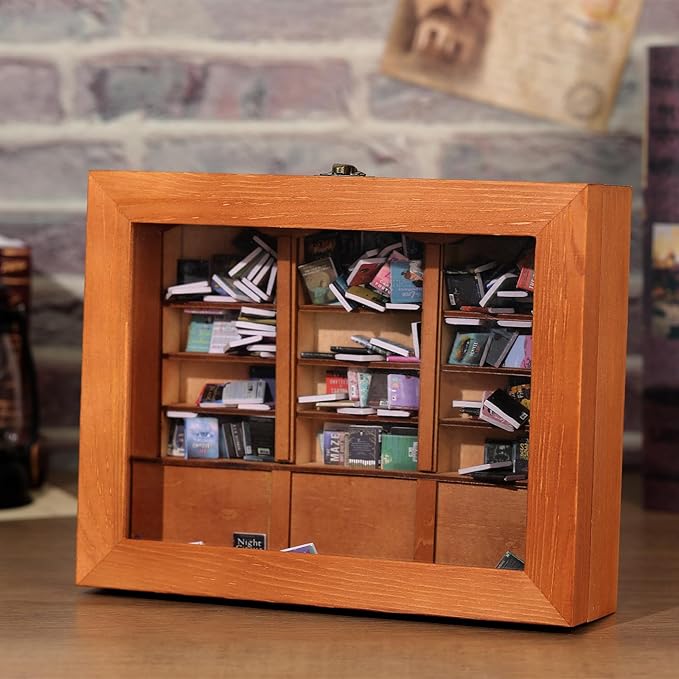 Anxiety Bookshelf Shake Away Your Anxiety, Miniature Book Display Case Cabinet with 200 Mini Books, Creative Wooden Mini Bookshelf Shake Anxiety Stress Reliever Funny Gifts for Book Lovers (Brown)