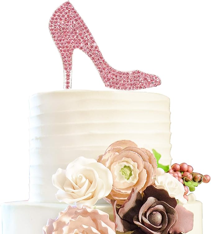 LINGTEER High Heel Pink Rhinestone Crystal Cake Topper Perfect for Birthday Wedding Anniversary Party Keepsake Sparkle Decoration