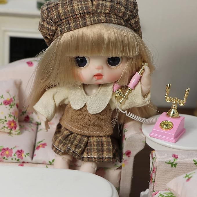 Dollhouse Telephone 1:12 Miniature Vintage Rotary Phone Model Desk Decoration Retro Mini Accessorries for Artificial House Living Room Scene (Pink)