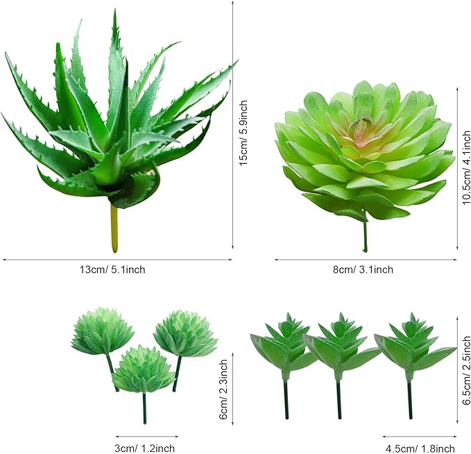 Cayway 18 PCS Artificial Succulent Plants, Green Fake Succulent, Unpotted Faux Succulent Assortment in Flocked Green in Different Type for Birthday Home Decor Indoor Wall Garden DIY