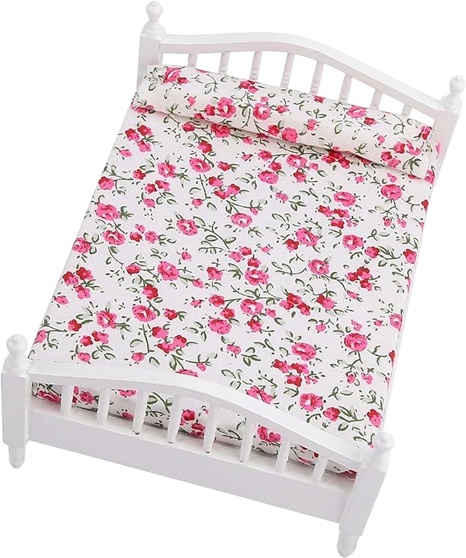 1/12 Dollhouse Bed Miniature Wooden Doll Bed with Real Flower Pattern Mini Bed for Dollhouse Bedroom Furniture