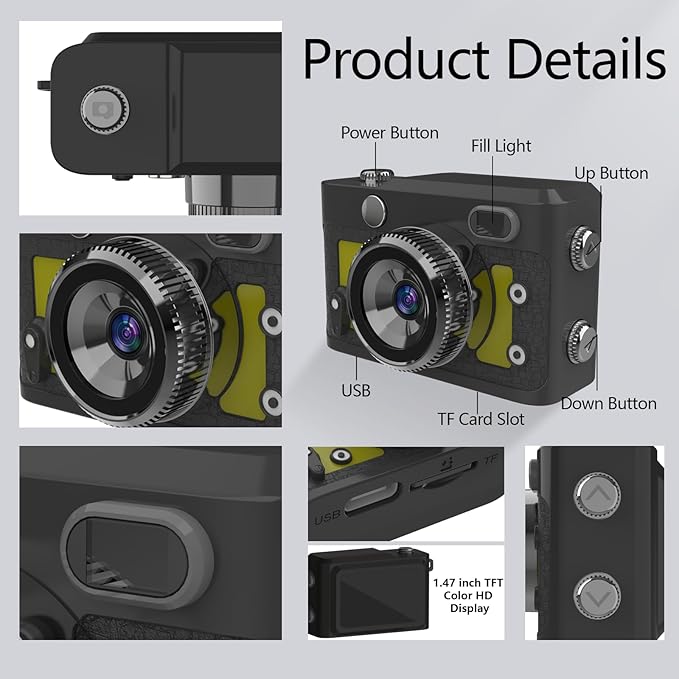 Mini Keychain Camera 64GB, 1080P Mini Retro Photo Video Camera, 120 Minute Battery Life Portable Tiny Digital Cam, Micro Video Camcorder for Travel Students Children, Yellow