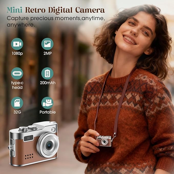 HOTU Mini Digital Camera, Keychain Camera 1080P HD with 2MP Lens, Flash, Video Recording, 32G Card Included, Portable and Compact Retro Vlog Camera for Travel, Kids, Brown