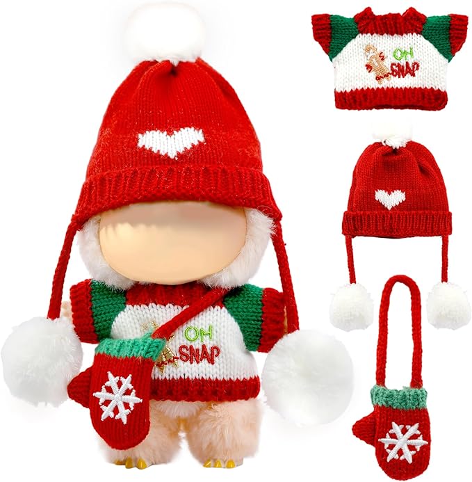 Christmas Clothes for LABUBU Doll (NO Doll), 3-Piece Handcrafted Crochet Christmas Accessories for LABUBU 17cm Dolls, Premium Outfit for LABUBU - Christmas Sweater + Hat + Bag (Red)