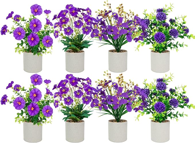 Luiywan 8 Packs Small Fake Plants Mini Artificial Potted Flowers Plastic Small Faux Potted Plants Indoor for Home Room Office Shelves Spring Decor, Purple