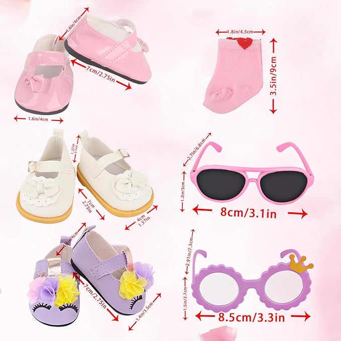 MSYO 18 Inch Doll Shoes & Accessories Set (8-Piece Bundle)-3 Pairs Shoes + 3 Socks + 2 Glasses,Dress-Up Kit for 18 Inch Dolls,Girls Birthday Gift,Bulk Crafts & Playtime Accessories