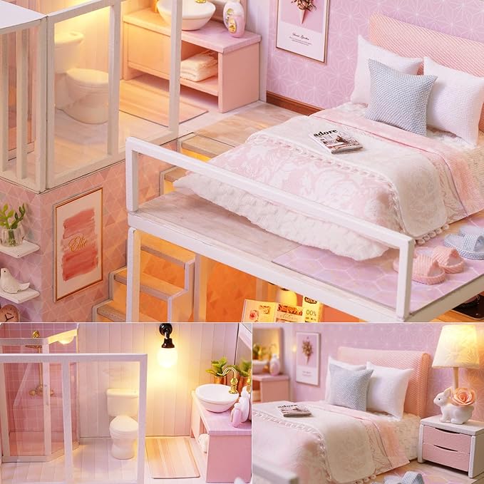 TuKIIE DIY Miniature Dollhouse Kit with Furniture, 1:24 Scale Creative Room Mini Wooden Christmas Doll House Accessories Plus Dust Proof & Music Movement for Kids Teens Adults(Tranquil Life)