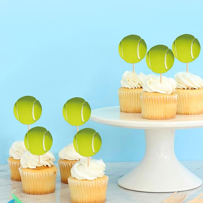 Ercadio 24 Pack Double Sided Tennis Cupcake Toppers Sports Ball Cupcake Picks Tennis Theme Birthday Cake Decorations for Baby Shower Kids Birthday Party Cake Decorations Supplies