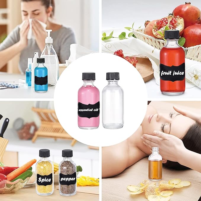 Hadatido 20pack Shot Bottles With Caps,Whiskey Sample Bottles 2oz Glass Shot Wellness Bottle for Homemade Liquor,Juice,Ginger Shots,Potion,Vanilla Extract,Tincture,With Funnels,Labels,Brush,No Leakag