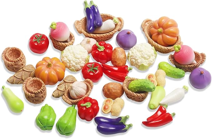 Exasinine 42 Pcs Miniature Food Mini Vegetables Figurines Miniature Baskets for Miniatures Food Kitchen Mini House Store