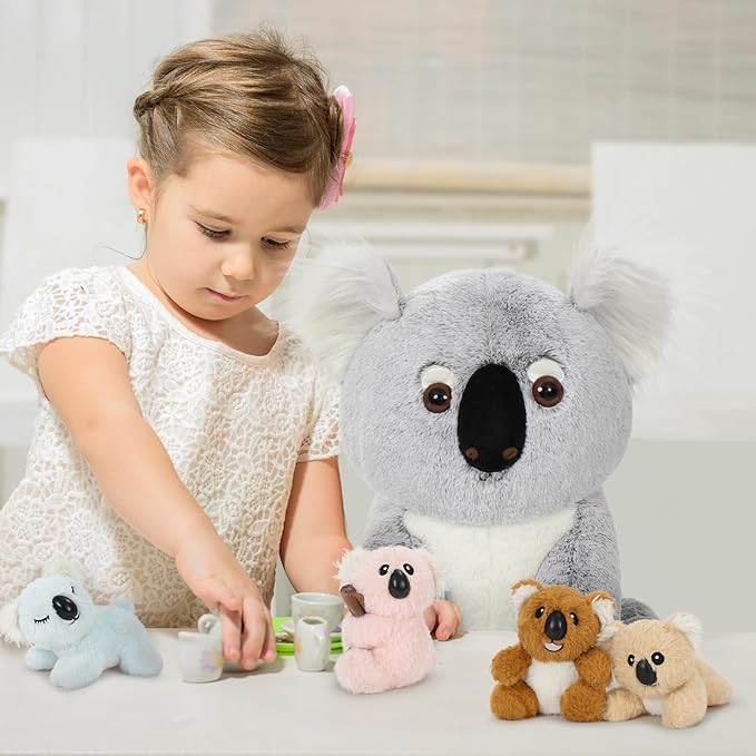 5Pcs Koala Bear Stuffed Animal 17.7 Inch, Mom Koala Plush Toy with 4 Adorable Babies Plushies in Zippered Back, Christmas Birthday Gift for Kids Boys Girls, Room Forest Party Decor