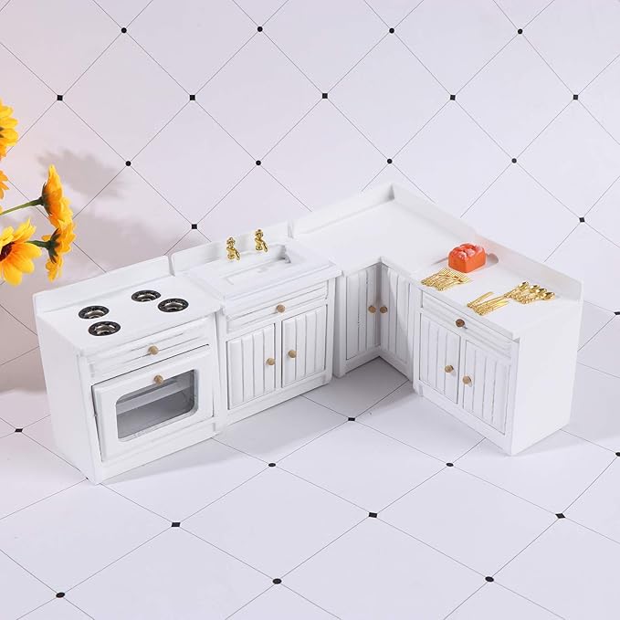 Dollhouse Kitchen Furniture Kit 1:12 Doll House Miniature Suite Wooden Kitchen Cabinet Fridge Set Dining Room for Miniature Dollhouse Furniture Scenes Accessories