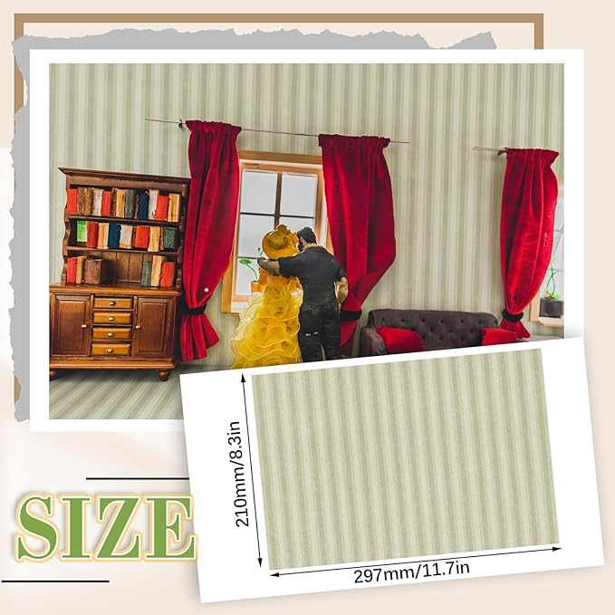 Flutesan 12 Pcs Miniature Dollhouse Wallpaper and Flooring Peel and Stick Mini DIY Self Adhesive Dollhouse Accessories 8.27 x 11.69 Inch (Vintage Stripes)