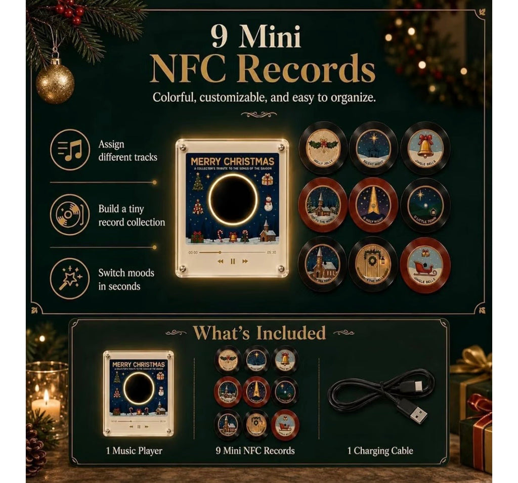 Christmas Vinyl Record Fridge Magnets Music Box Set, 9 PC NFC Programmable Mini Player, Retro Jingle Bell Desk Decor & Custom Storage Gift